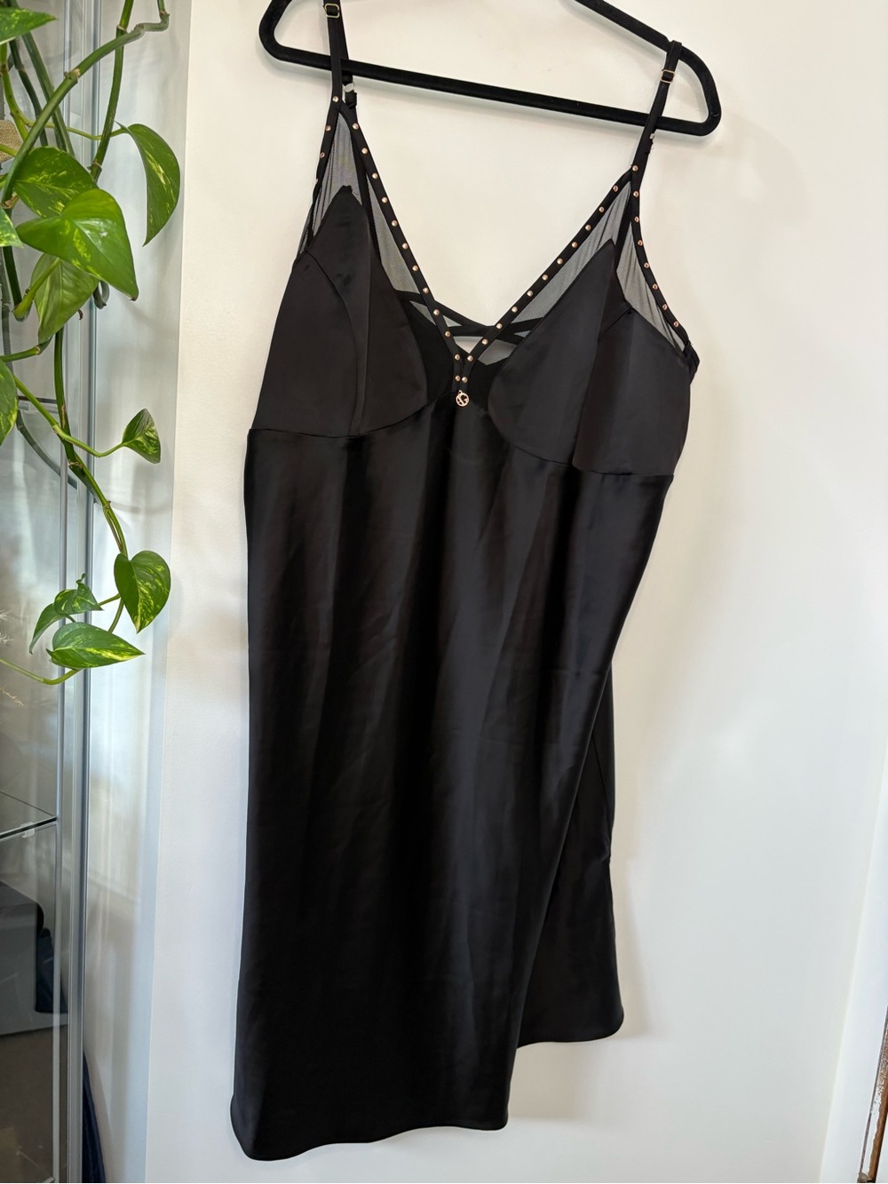 Ashley Graham Black Satin Slip dress with Studded Mesh Accents